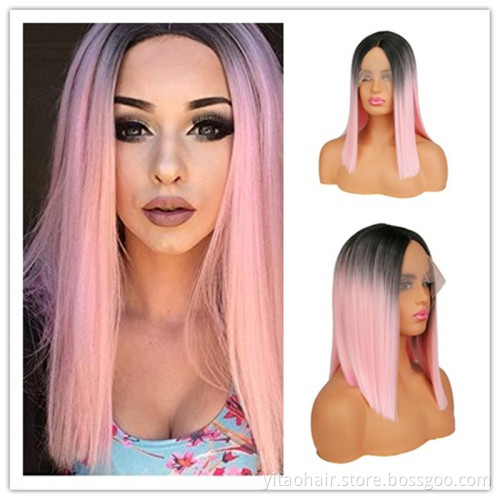 High Quality Hot Sale Cheap Nature Lace Front Ombre Blonde Bob  Wig Silk Straight Synthetic Hair Wig